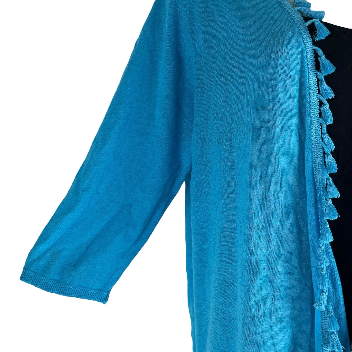 Chico's Linen Blend Tassel Trim Open Front Cardigan Lace Hem Size XLP