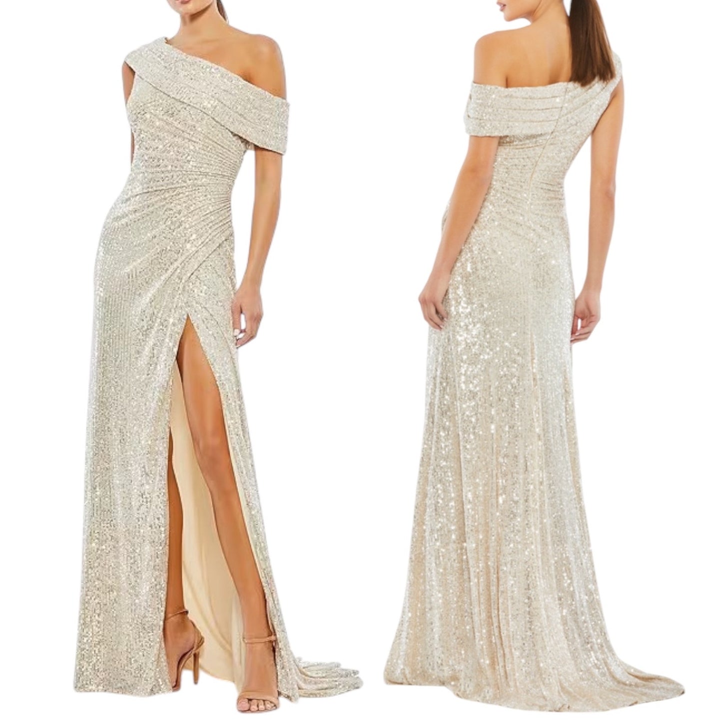 Ieena for Mac Duggal Sequined Drop Shoulder Evening Gown Nude Size 6
