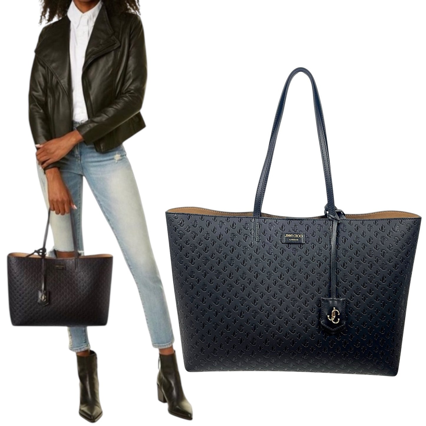 Jimmy Choo Nine2five E/W JC Monogram Leather Tote Bag Black