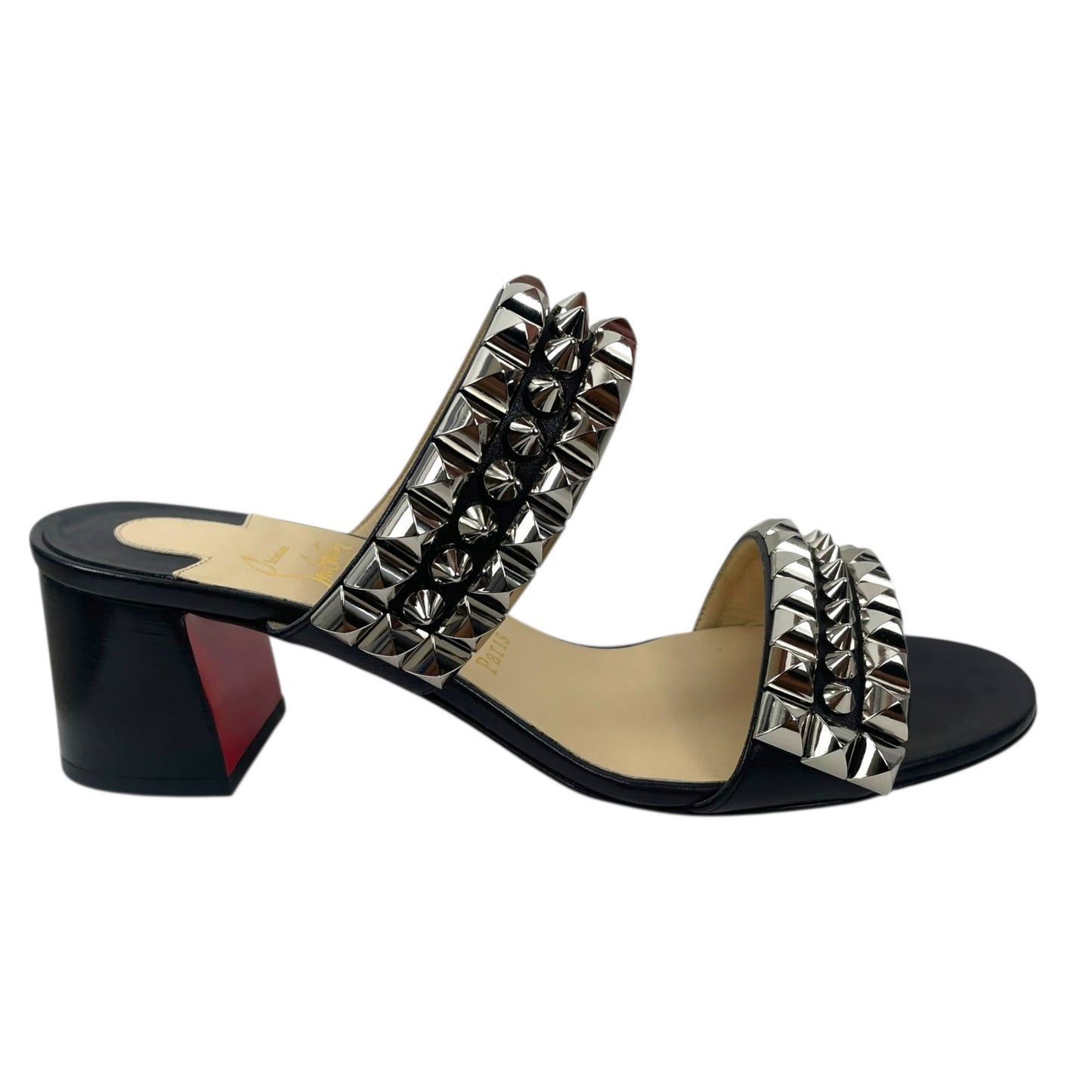 Christian Louboutin Tina Goes Mad 55 Slide Sandals Black Silver Size 38.5