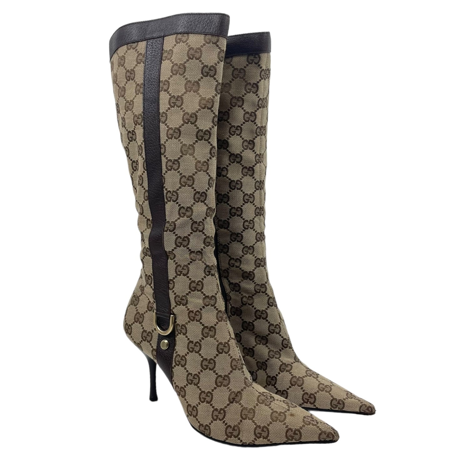 Gucci GG Monogram Pointed Toe Tall Boots Knee High Brown Size 7B