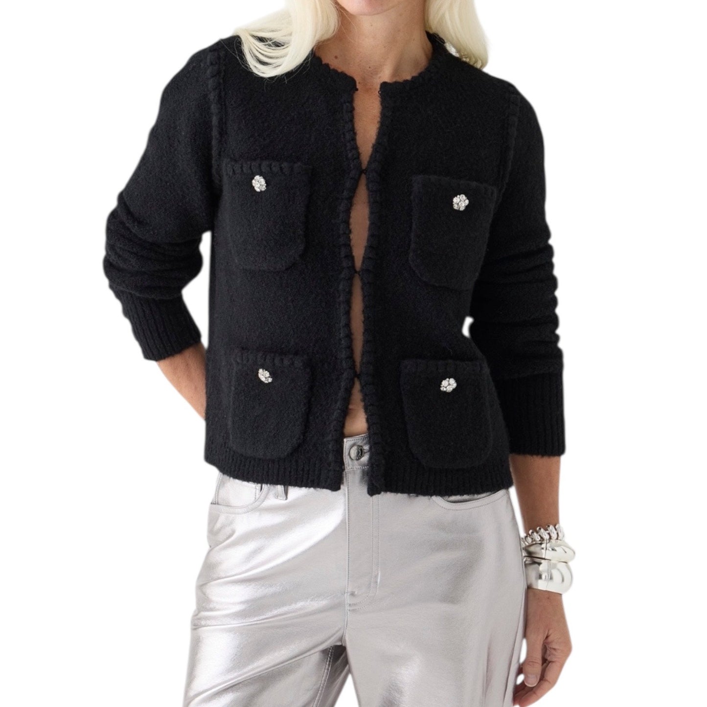 J. Crew Odette Sweater Lady Jacket with Jewel Buttons Black Size M