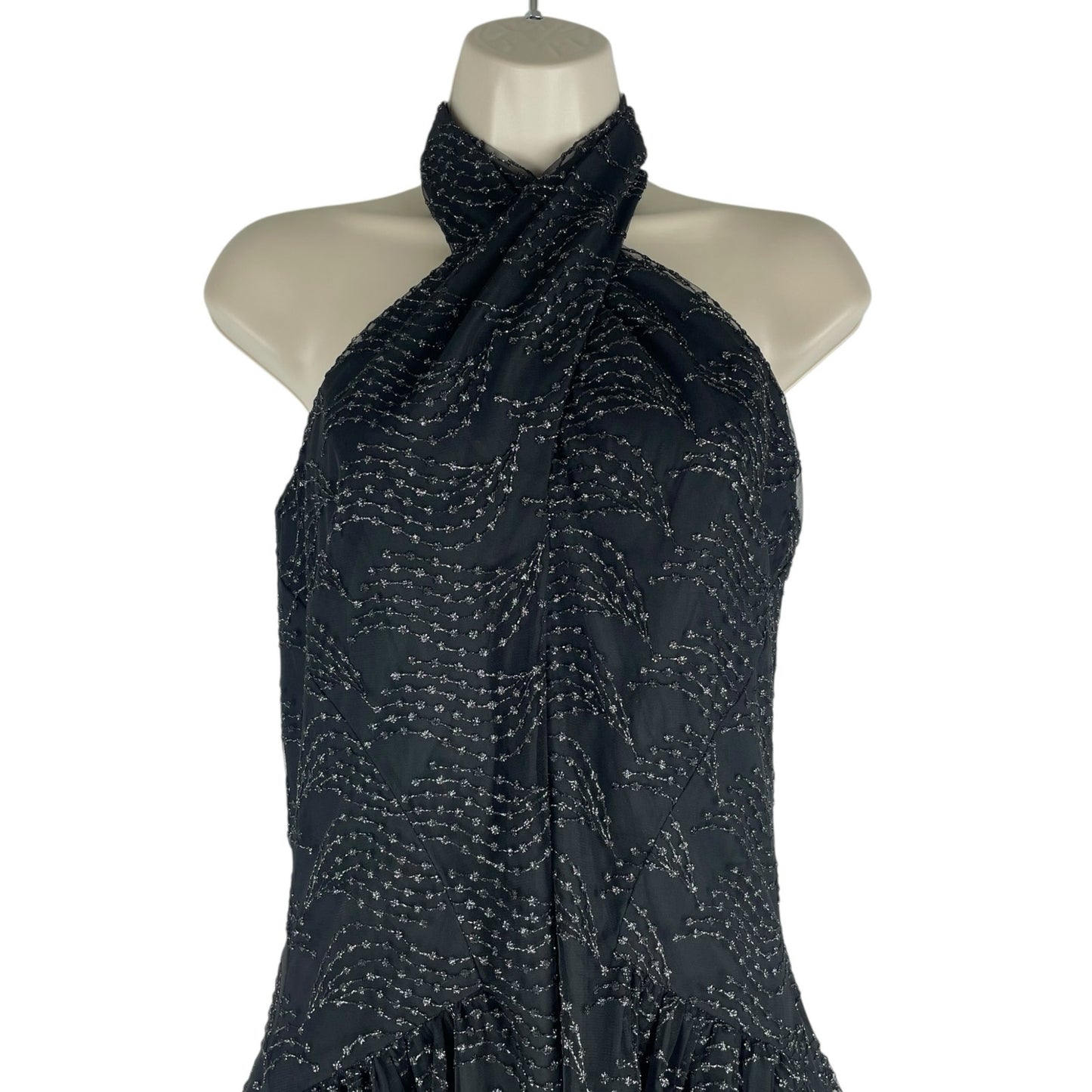 Shoshanna Olivia Metallic Scallope Mesh Halter Neck Black Dress Size 2