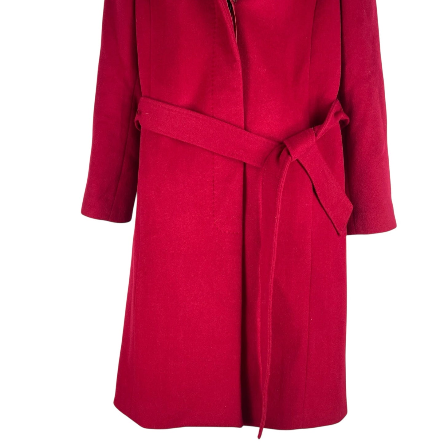 Talbots Wool Blend Belted Long Coat Removable Fur Collar Red Size 6