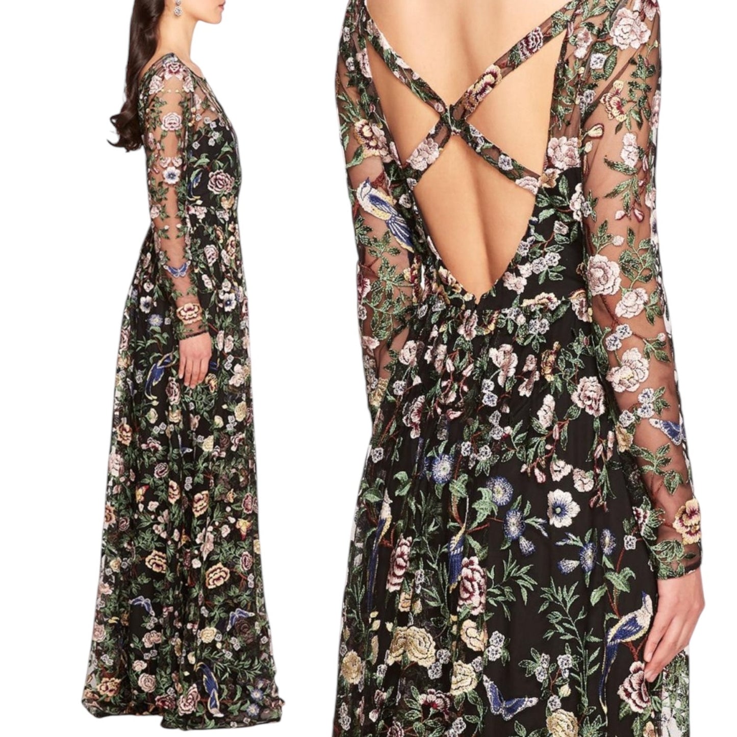 Marchesa Notte Botanical Embroidered Gown Dress Multi Color Size 6