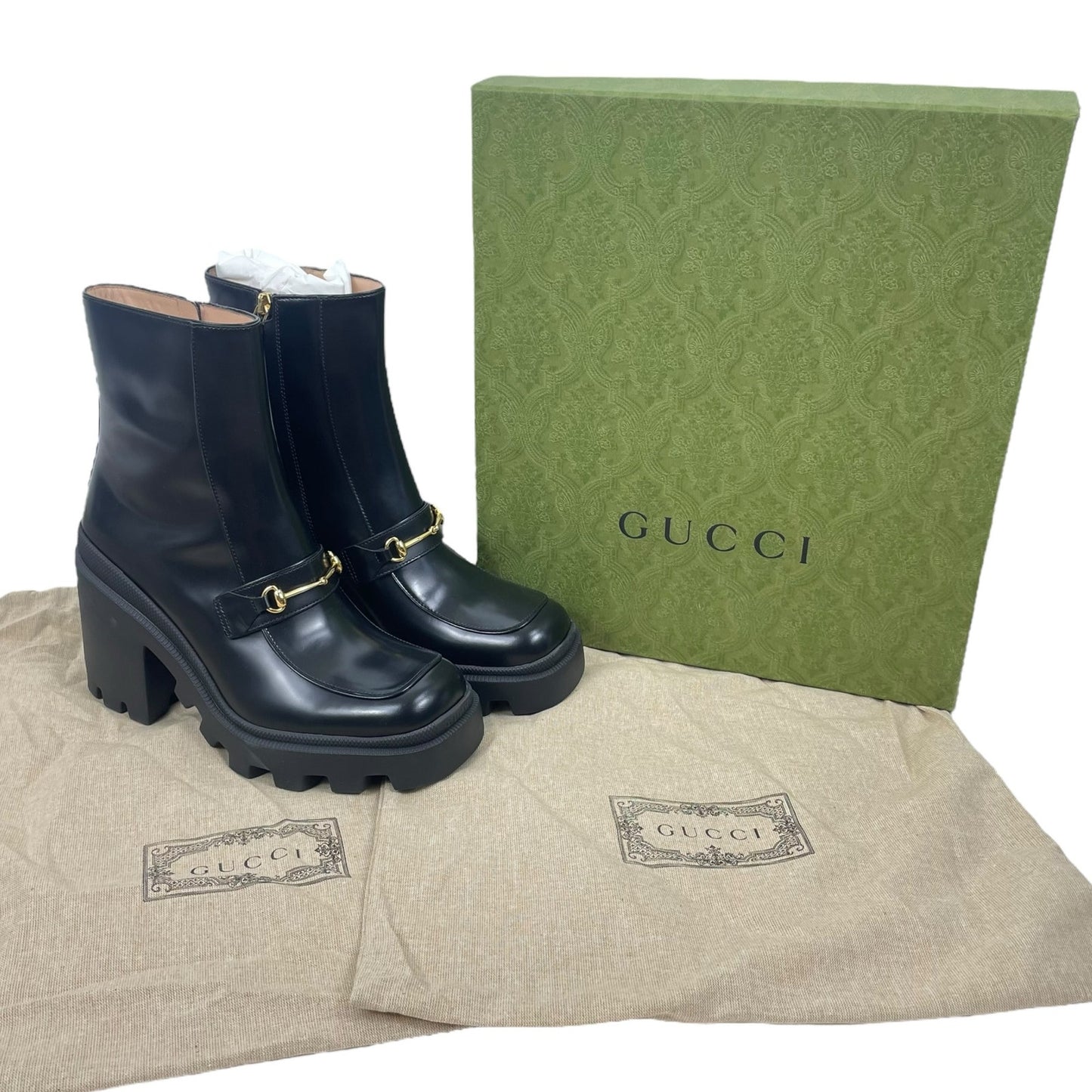 Gucci Magnum Calf Leather Horsebit Lug Sole Boots Black Size 40