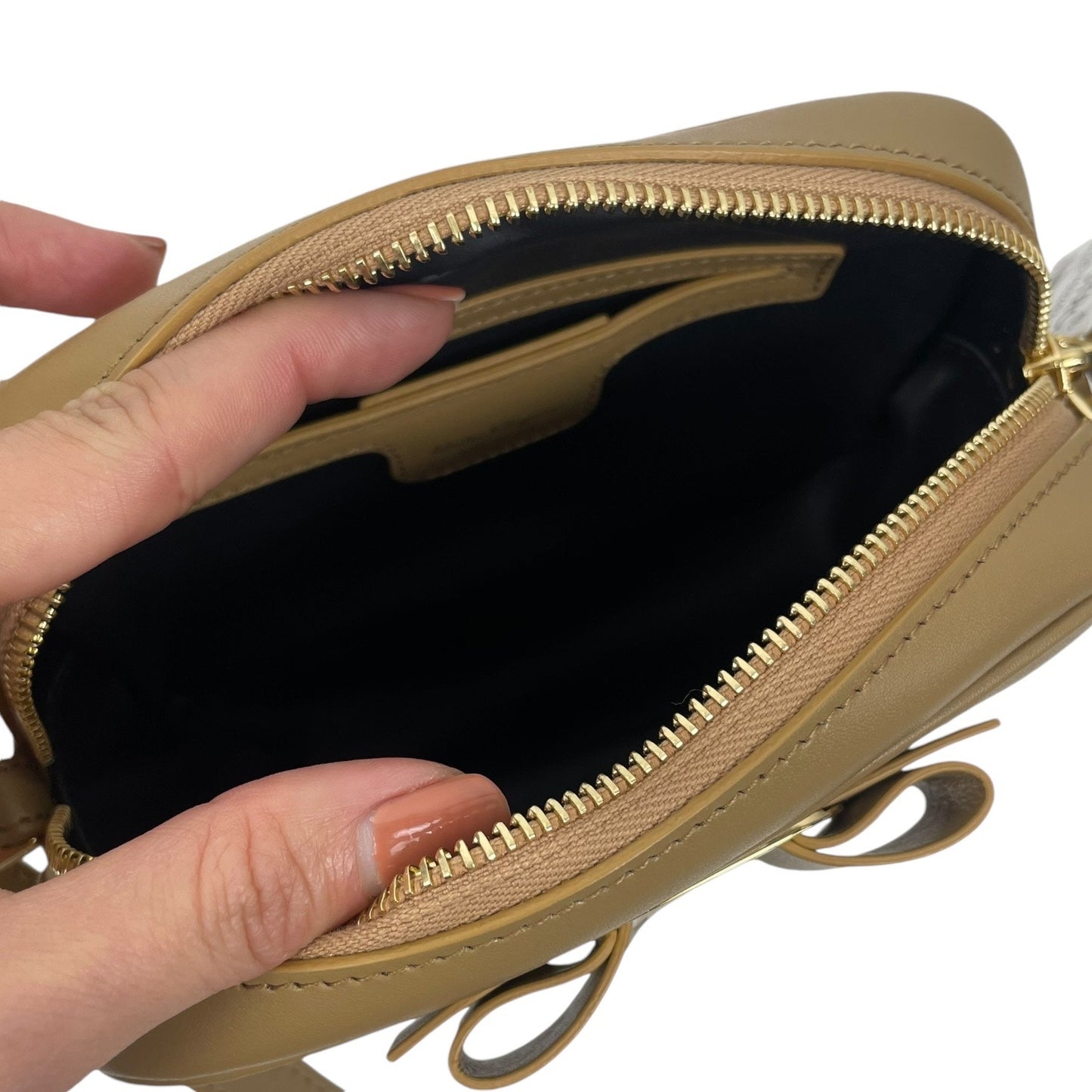 Salvatore Ferragamo Calfskin Vara Bow Crossbody Camera Bag Camel Tan