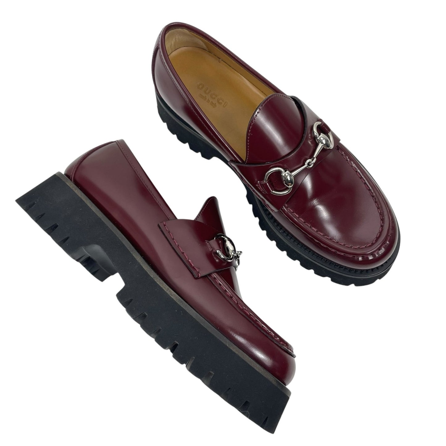 Gucci Lug Sole Leather Loafer with Horsebit Chunky Boredeaux Size 37