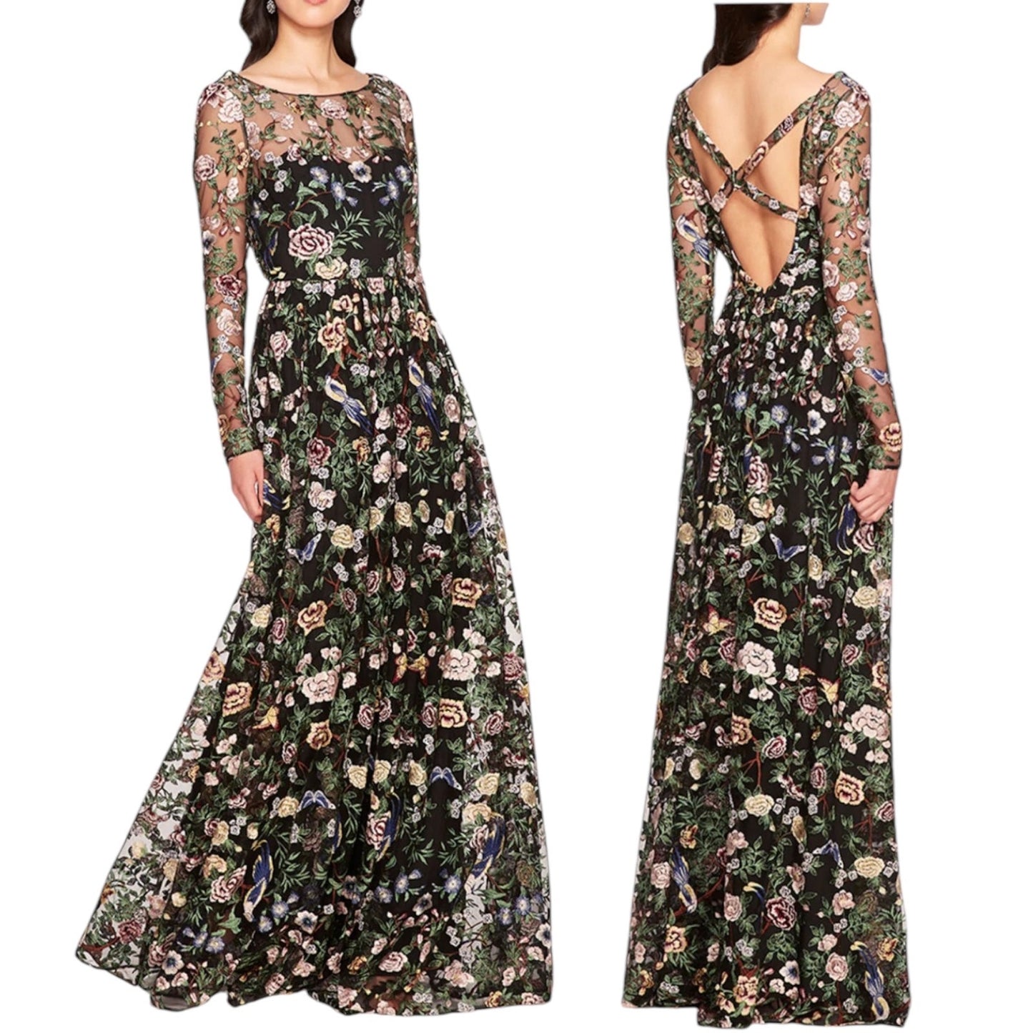 Marchesa Notte Botanical Embroidered Gown Dress Multi Color Size 6