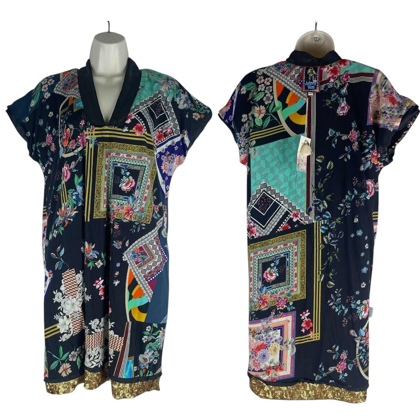 Johnny Was Sequin Gold Alma Ombre V Neck Shift Dress Pockets Size XS