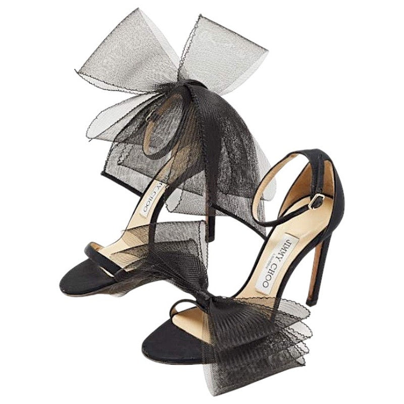 Jimmy Choo Aveline 100 Black Sandal Grosgrain Mesh Fasincator Bow Size 39