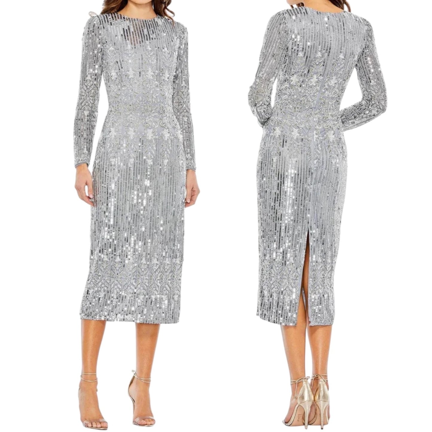 Mac Duggal Embellished Long Sleeve Midi Dress Platinum 5576 Size 20