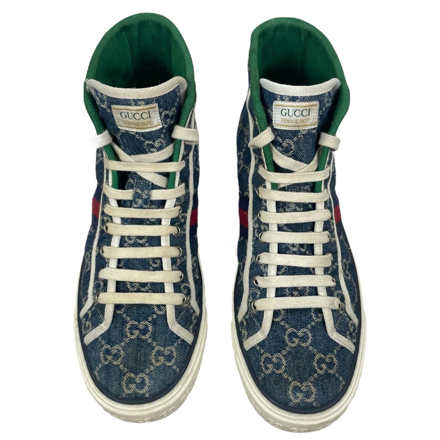 Gucci 1977 Tennis High Top Sneakers GG Monogram Denim Blue Size 8.5/ 9