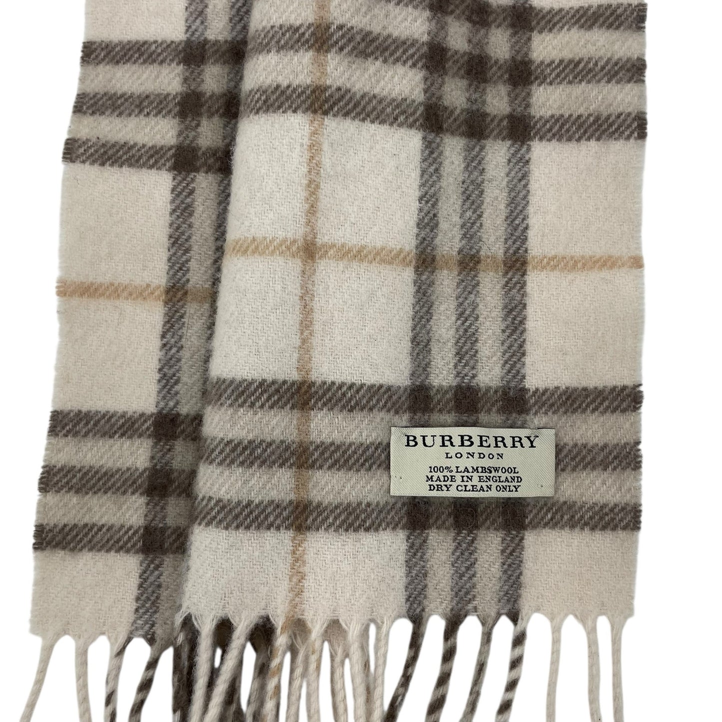 Burberry London Nova Check Plaid Fringe Lambswool Scarf Beige 55"x12"