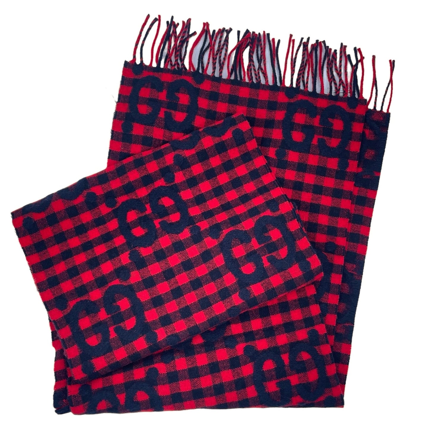 Gucci Diamcheck GG Logo Monogram Wool Jacquard Scarf Red Black 94"x 14"