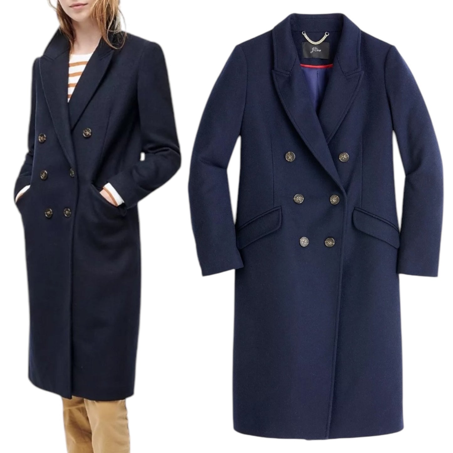 J. Crew Wool Cashmere Blend Double Breasted Top Coat Navy Blue Size 10