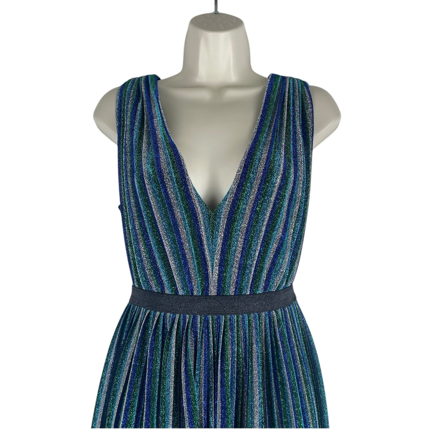 BCBGMaxAzria Metallic Striped Pleated Evening Gown Green Blue Size XXS