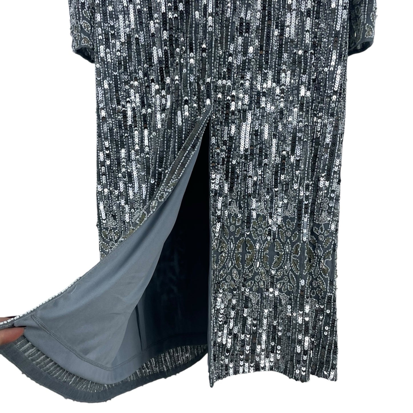 Mac Duggal Embellished Long Sleeve Midi Dress Platinum 5576 Size 20
