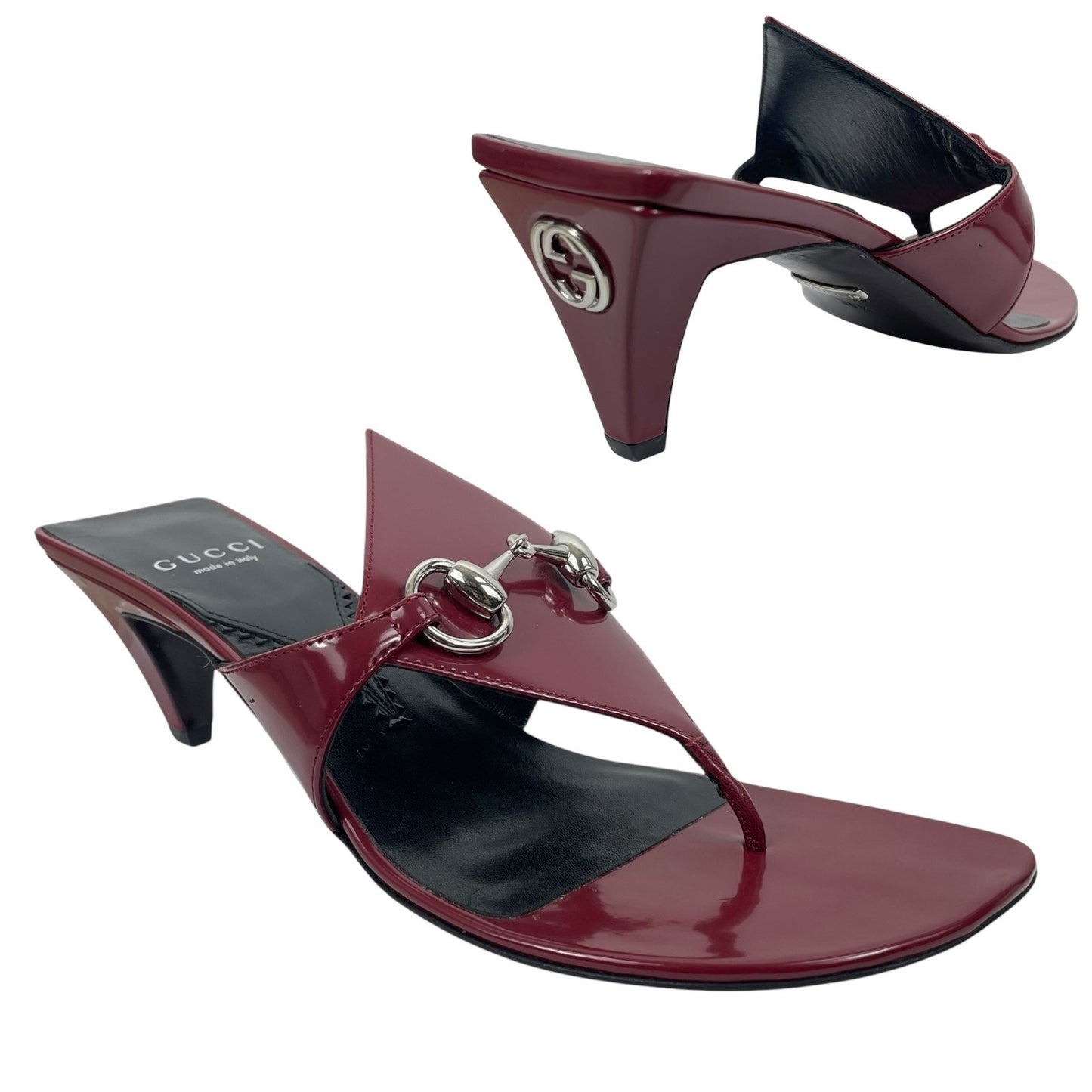 Gucci Mariame Horsebit Leather Thong Sandals Kitten Heel Red Size 36.5