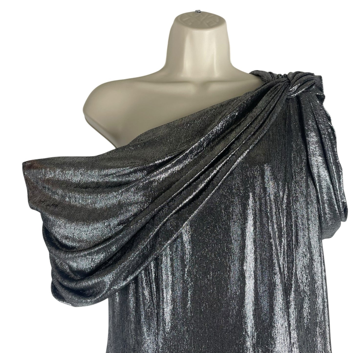 Tadashi Shoji Copley Shoulder Drape Lame Gown Silver Steel Size XL