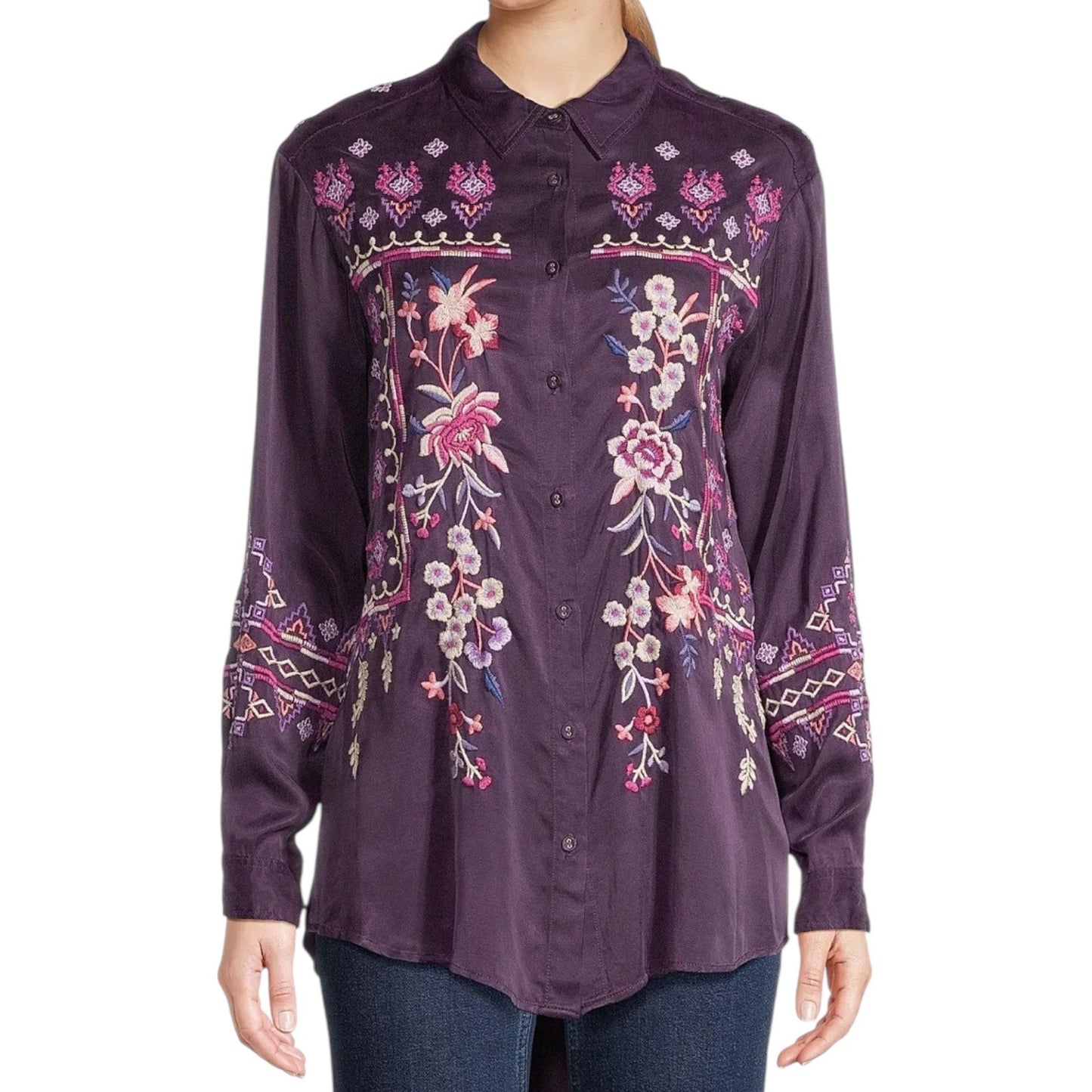 Johnny Was Curacao Floral Embroidered Oversized Tunic Shirt Size XS