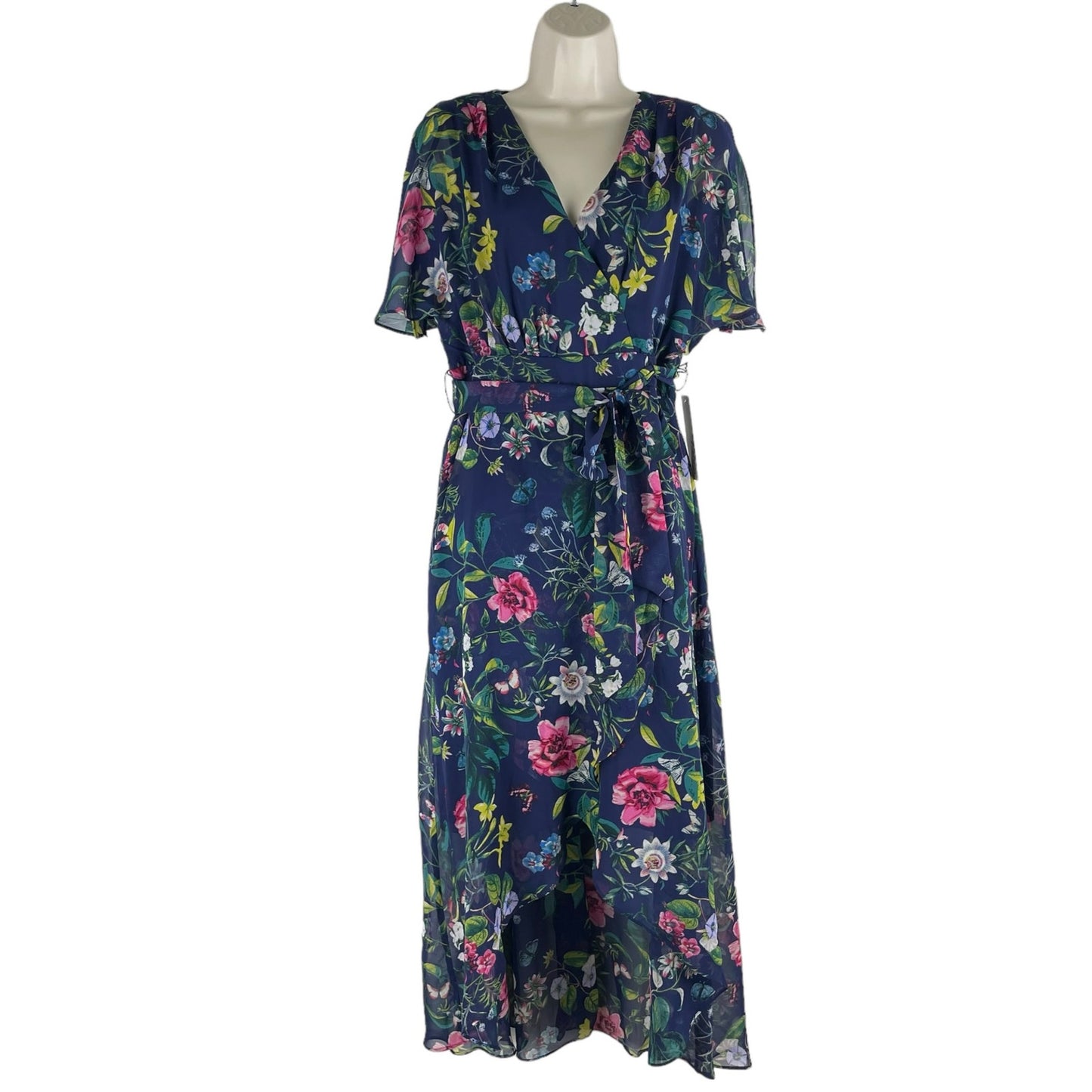 Eliza J Floral Printed Faux Wrap Midi Dress Hi Lo Hem Tie Waist Size 6