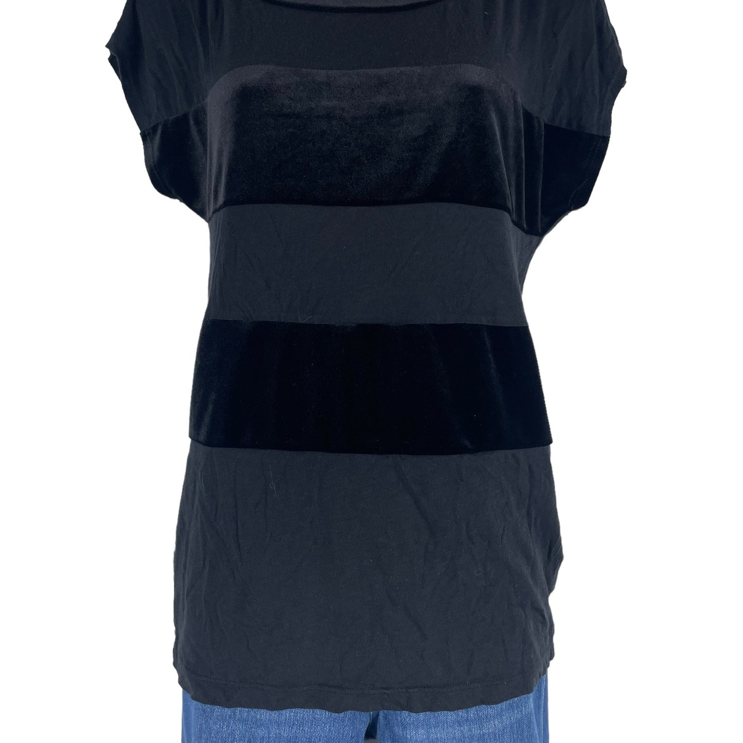 Splendid Velvet Striped Short Sleeve Casual Top Soft Jersey Black Size XS