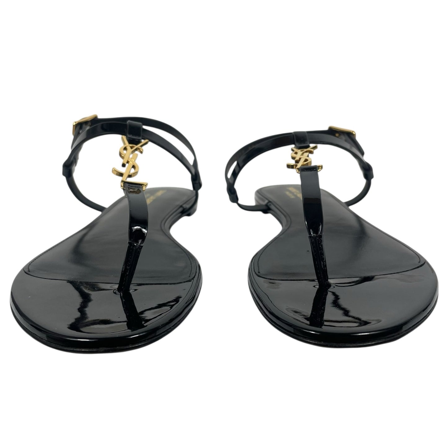 Saint Laurent Cassandra Patent YSL Thong Slide Sandal Black Gold Size 39.5