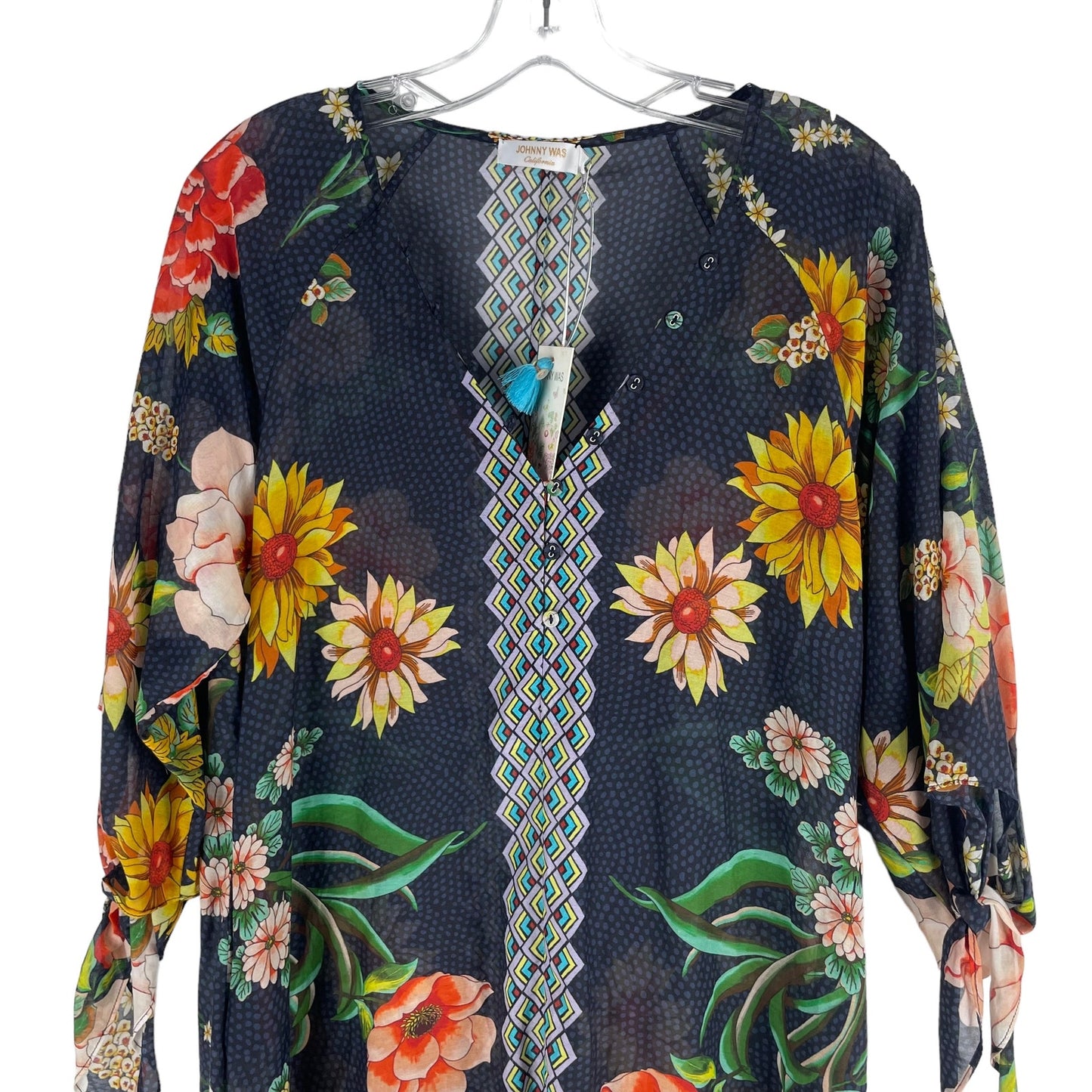 Johnny Was Mia Floral Border Long Dress Silk Blend Semi Sheer Size XS
