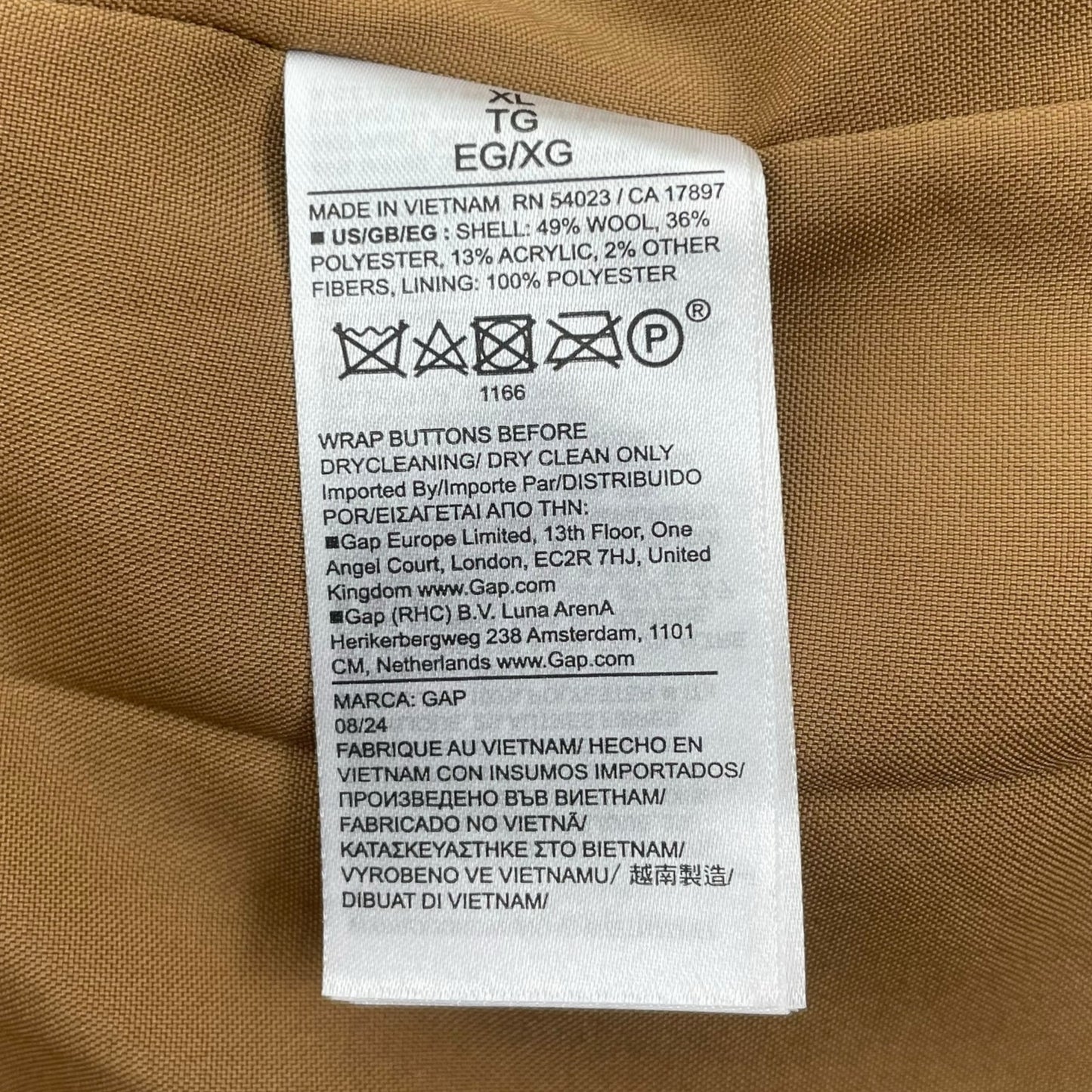 Gap Oversized Wool Blend Single Breasted Long Top Coat Camel Tan Size XL