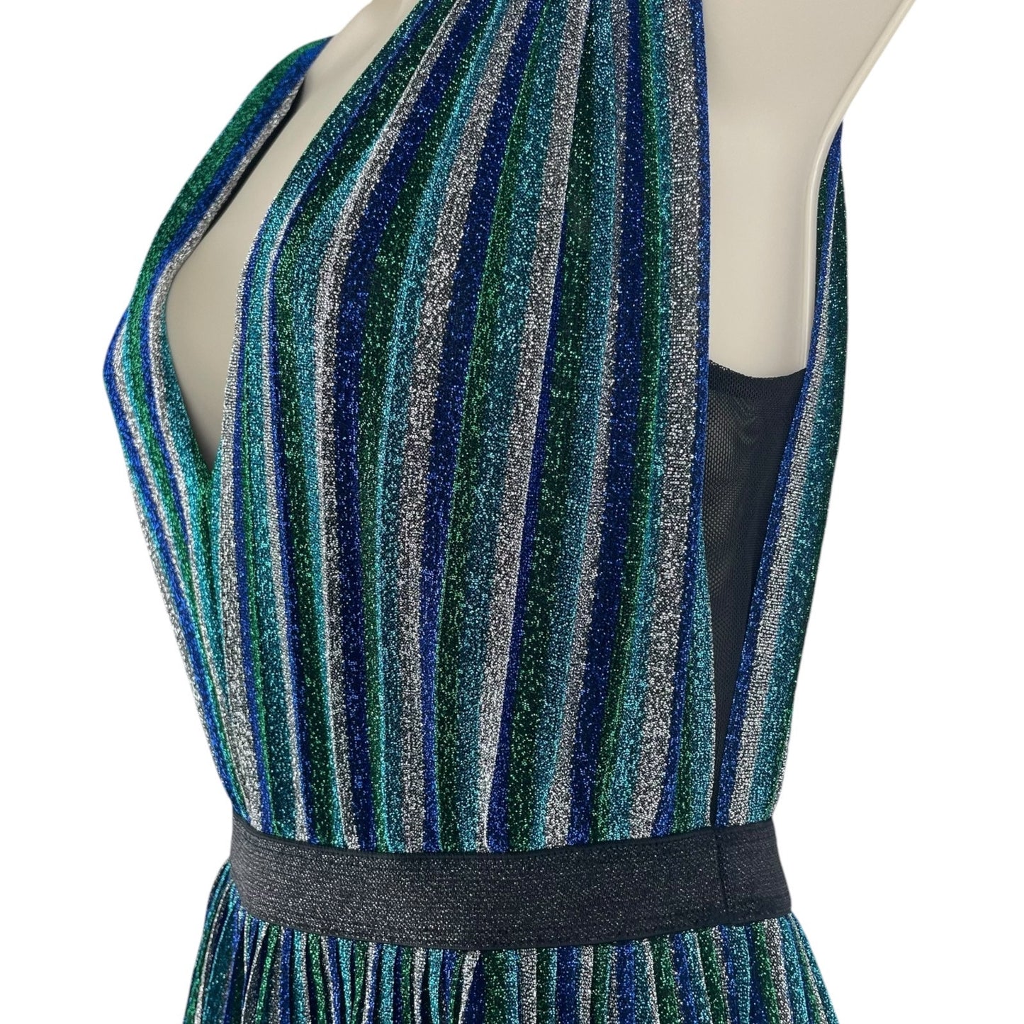 BCBGMaxAzria Metallic Striped Pleated Evening Gown Green Blue Size XXS