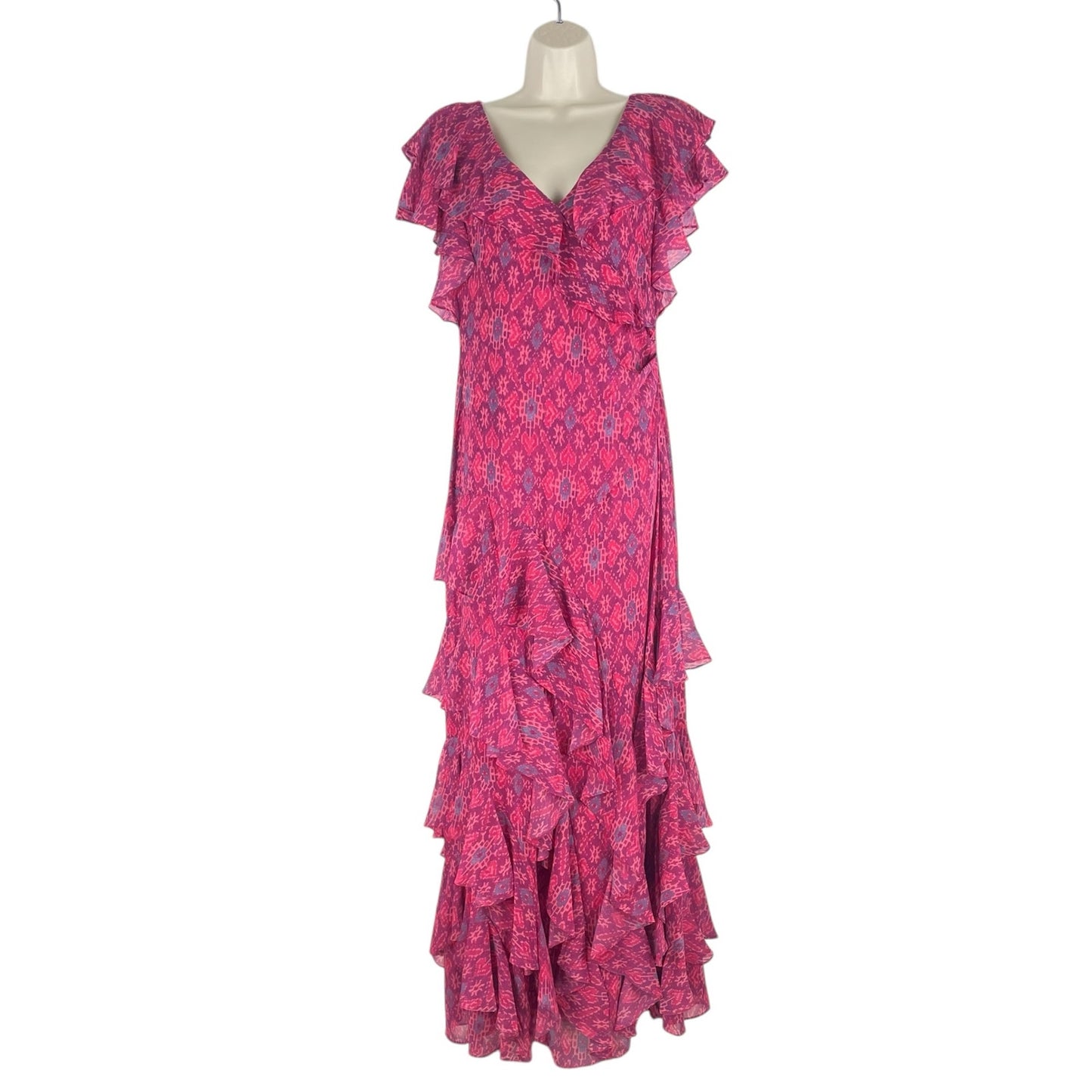 Lauren Ralph Lauren Geo Print Ruffle Trim Georgette Gown Pink Size 10