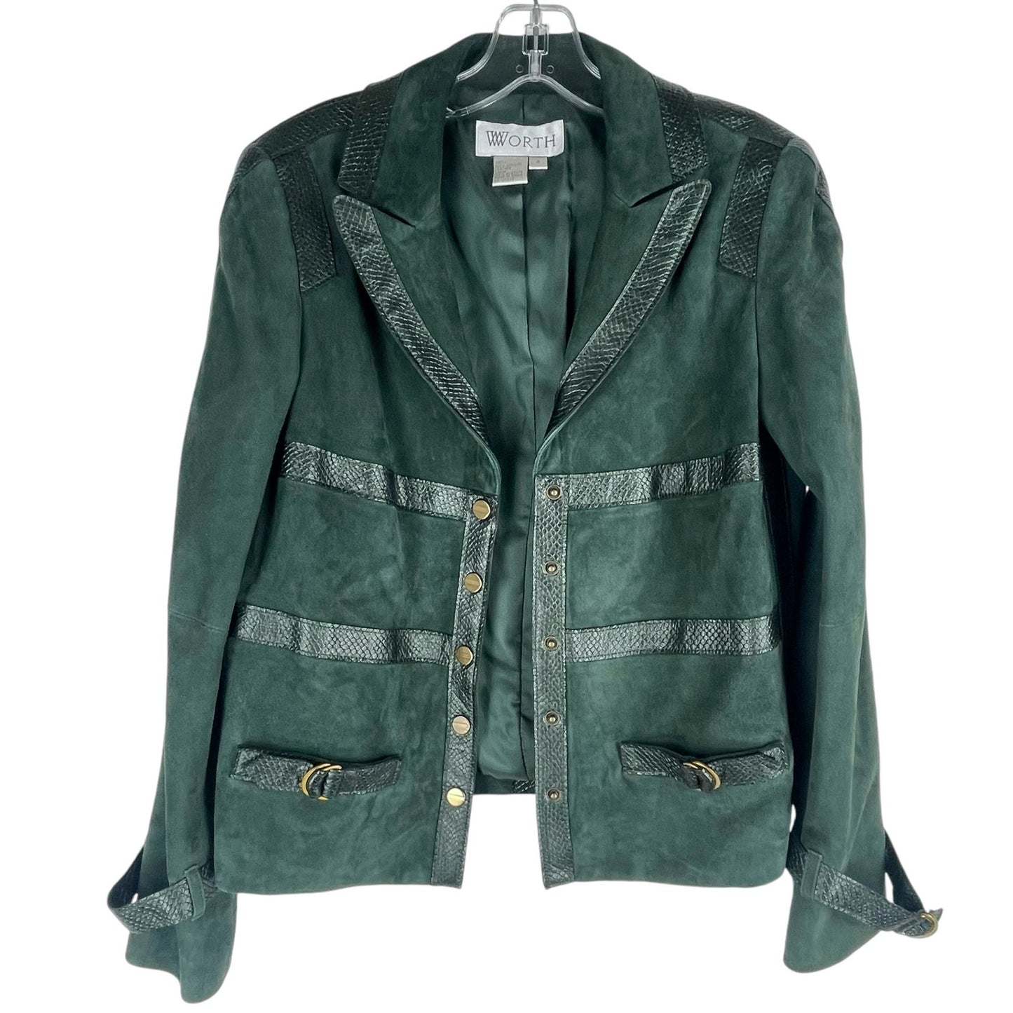 Worth NY Snake Leather Trim Suede Jacket Snap Button Dark Green Size 4