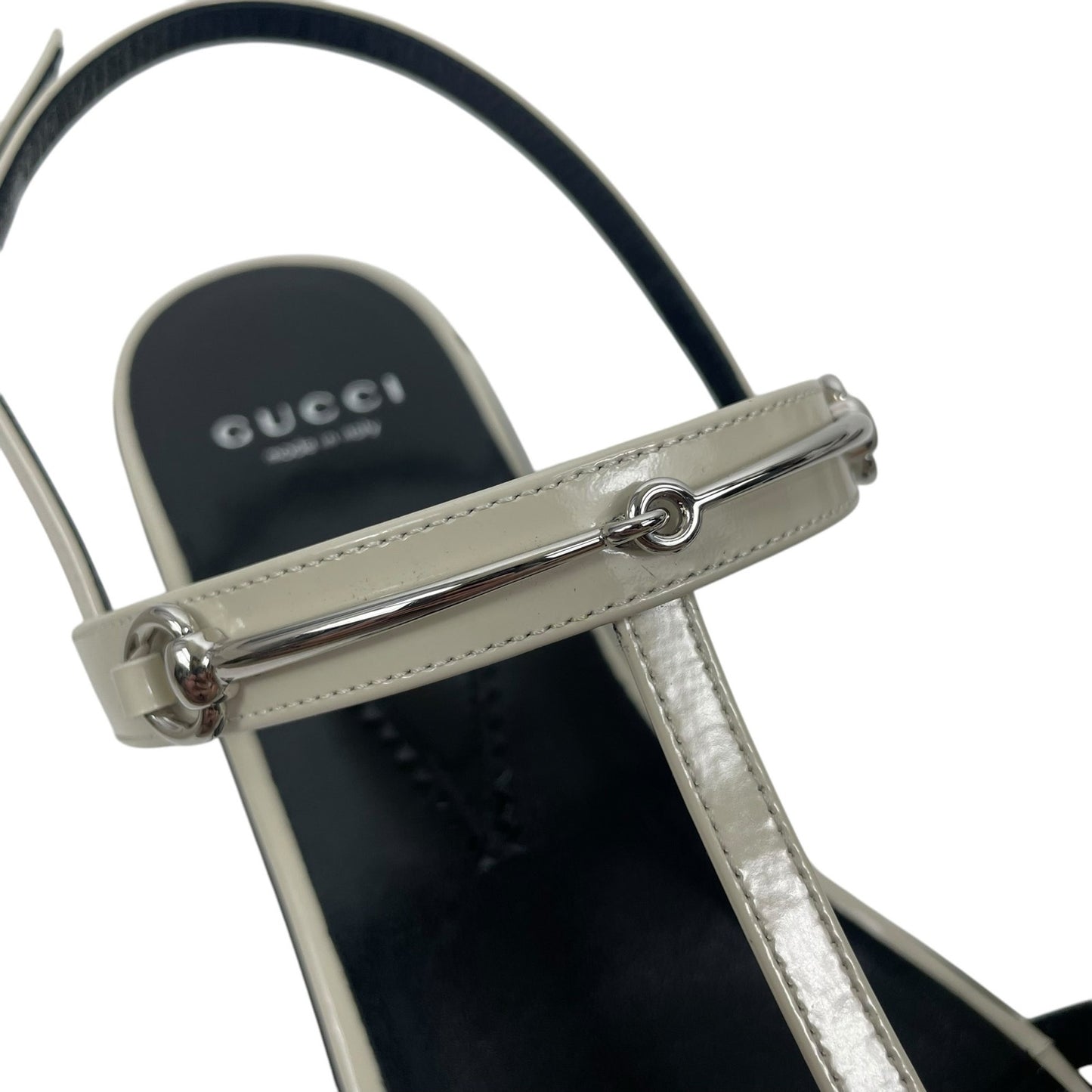 Gucci Divine Horsebit Patent Leather Slim Sandal Mystic White Size 40