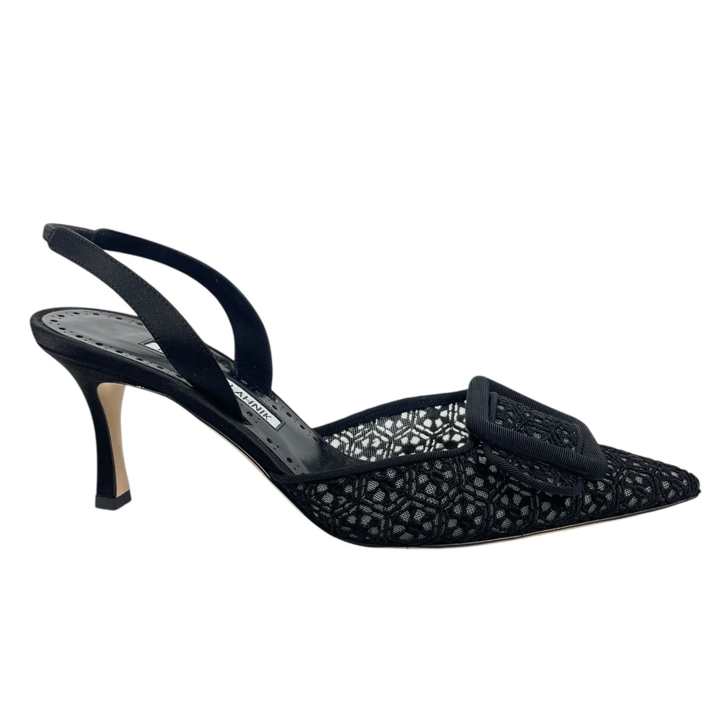 Manolo Blahnik Maysli 70 Lace Satin Slingback Mules Pumps Black Size 37.5