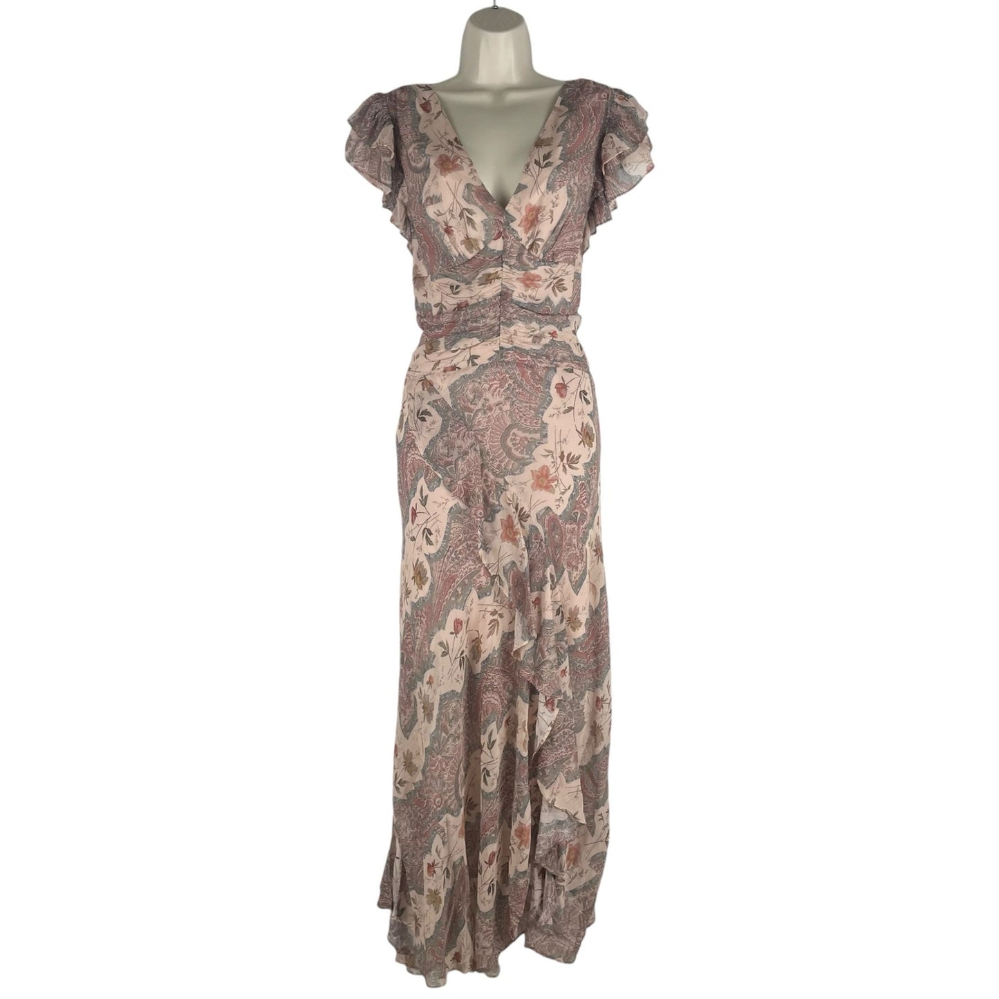 All Saints Brea Floral Print Cascade Maxi Dress Clay Pink Size 8