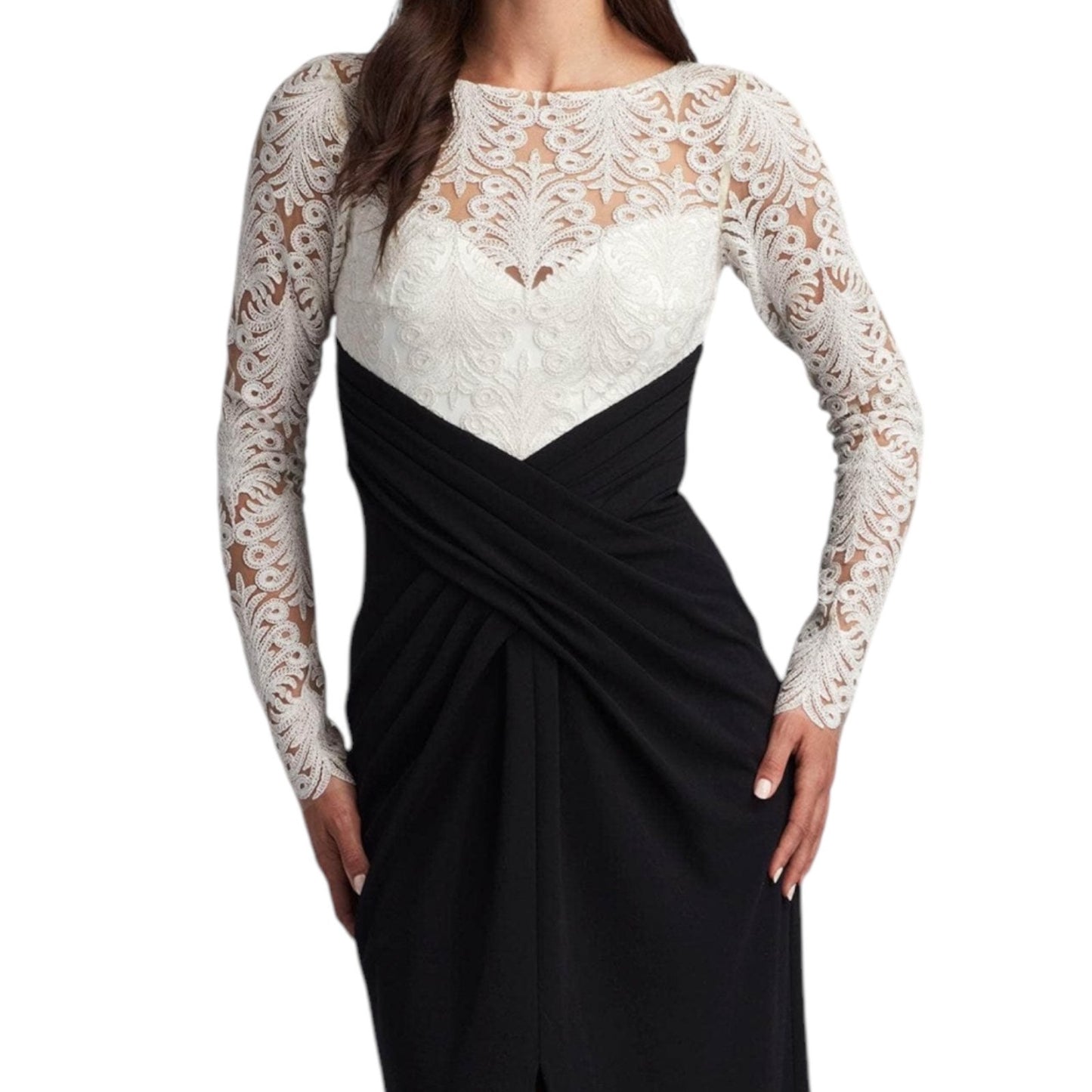 Tadashi Shoji Betton Contrast Illusion Evening Gown Ivory Black Size 6