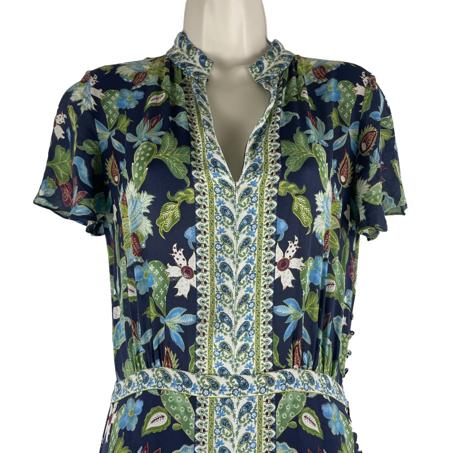Tory Burch Silk Maxi Dress Long Caftan Garden Wisteria Blue Green Size 2