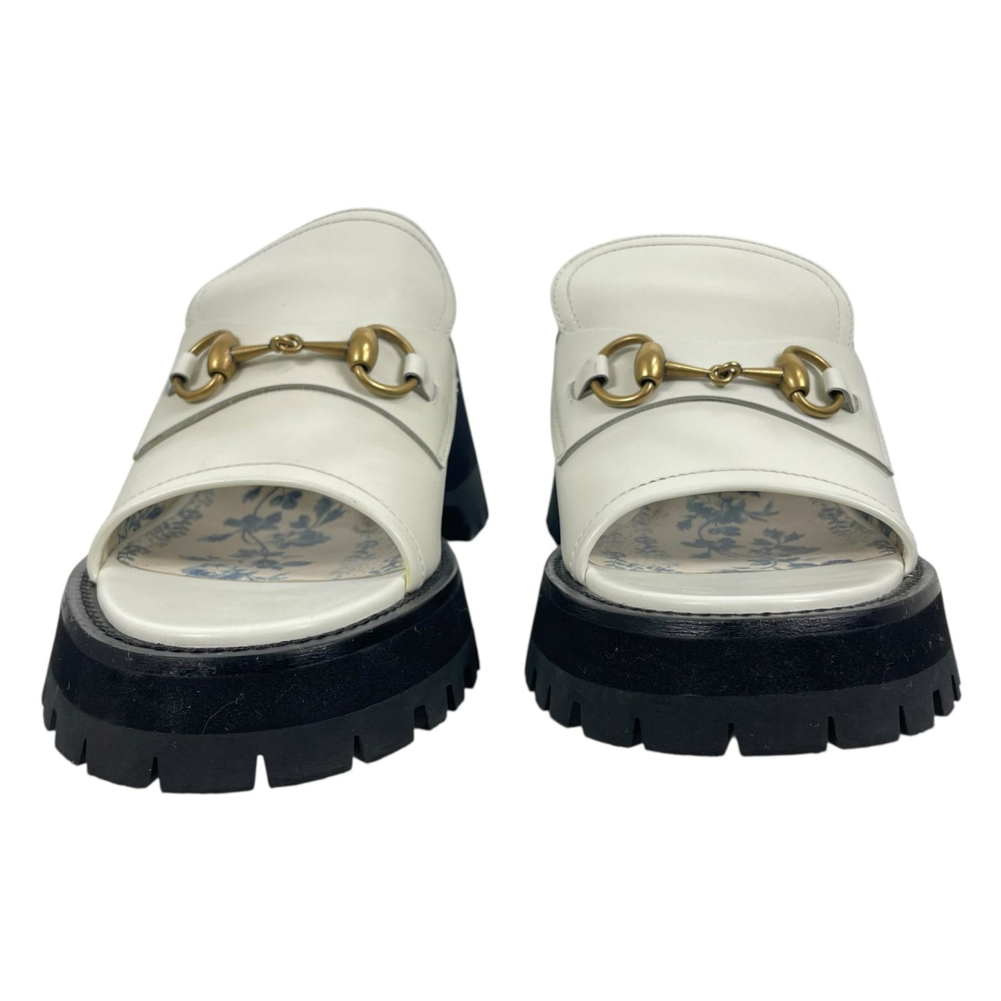 Gucci Cordovan Horsebit Open Toe Platform Slide Sandal Dusty White Size 41