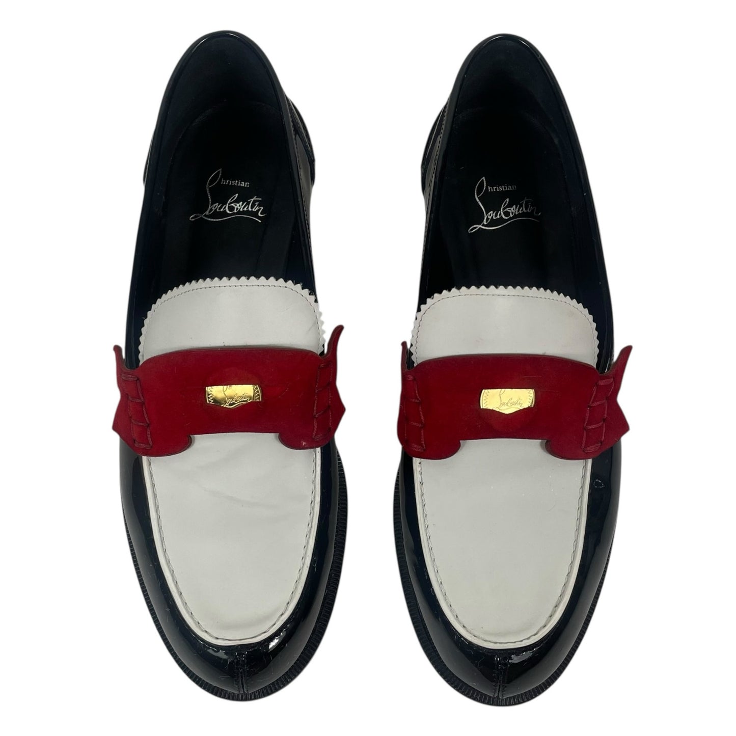 Christian Louboutin Donna Penny Loafer Patent Leather Black White Size 38
