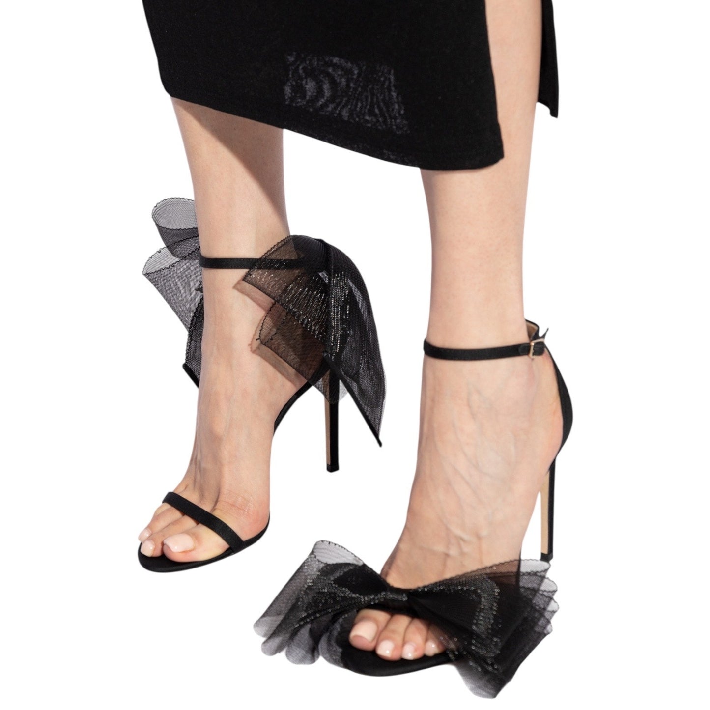 Jimmy Choo Aveline 100 Black Sandal Grosgrain Mesh Fasincator Bow Size 39