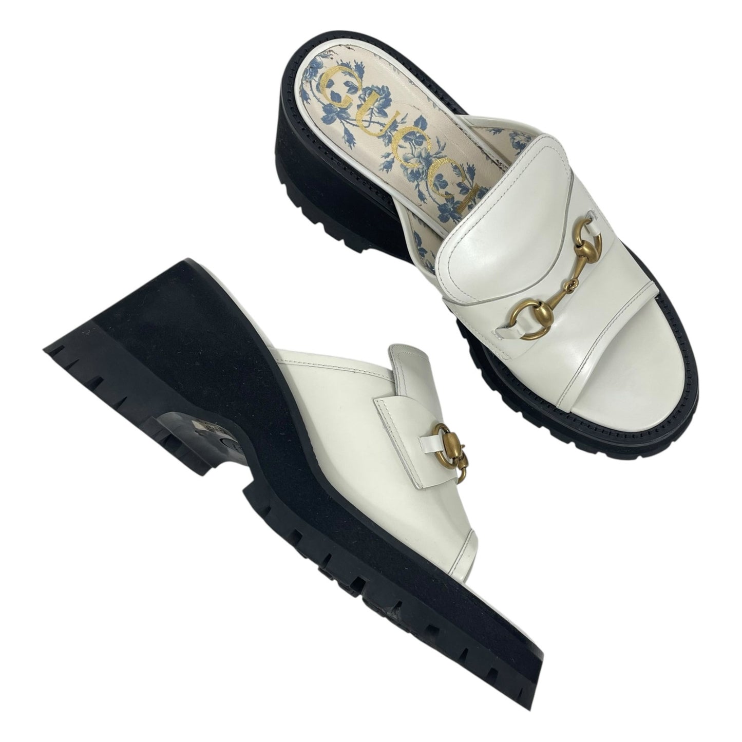 Gucci Cordovan Horsebit Open Toe Platform Slide Sandal Dusty White Size 41