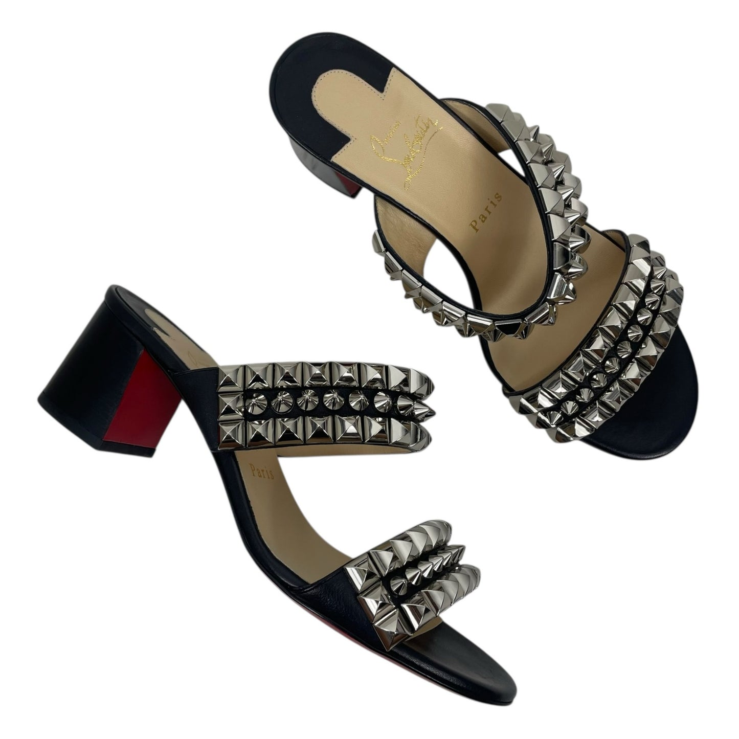 Christian Louboutin Tina Goes Mad 55 Slide Sandals Black Silver Size 38.5
