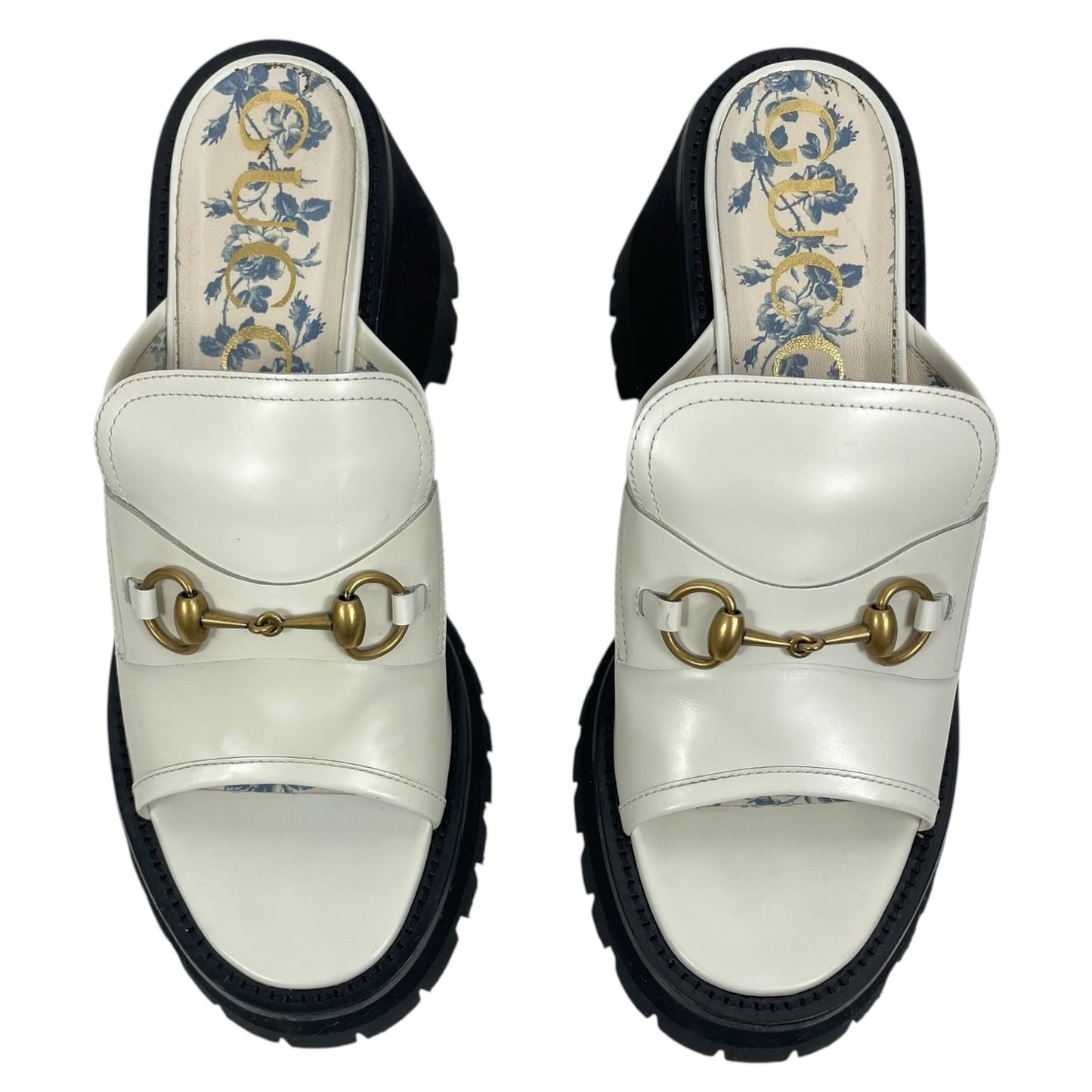 Gucci Cordovan Horsebit Open Toe Platform Slide Sandal Dusty White Size 41