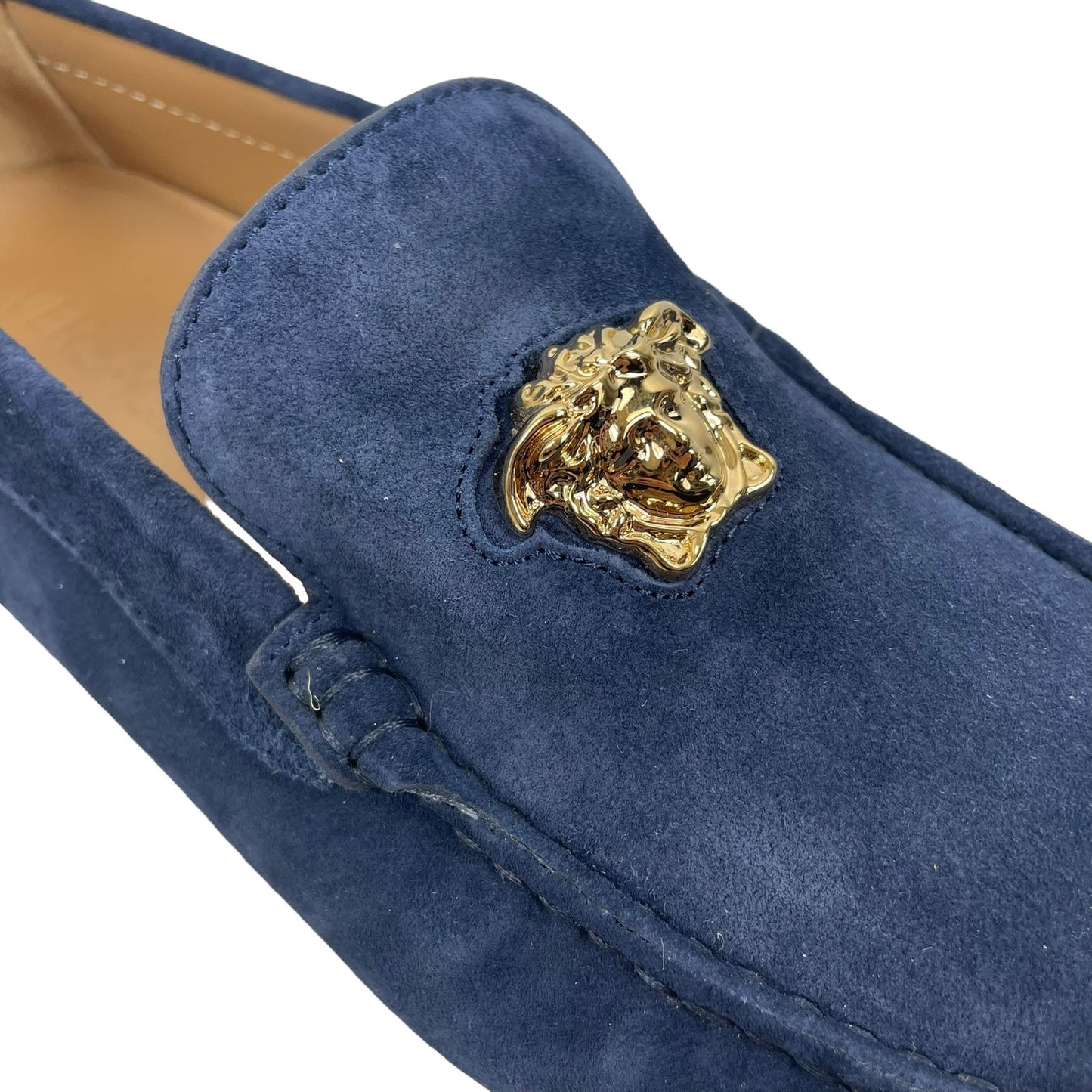 Versace La Medusa Suede Driver Loafers Moccasins Navy Blue Size 42