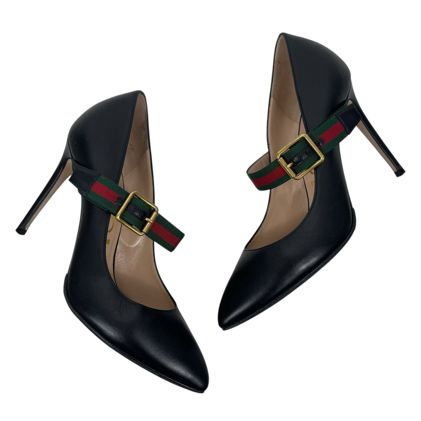 Gucci Malaga Kid Sylvie Mary Jane Web Pumps Black Leather Size 38.5
