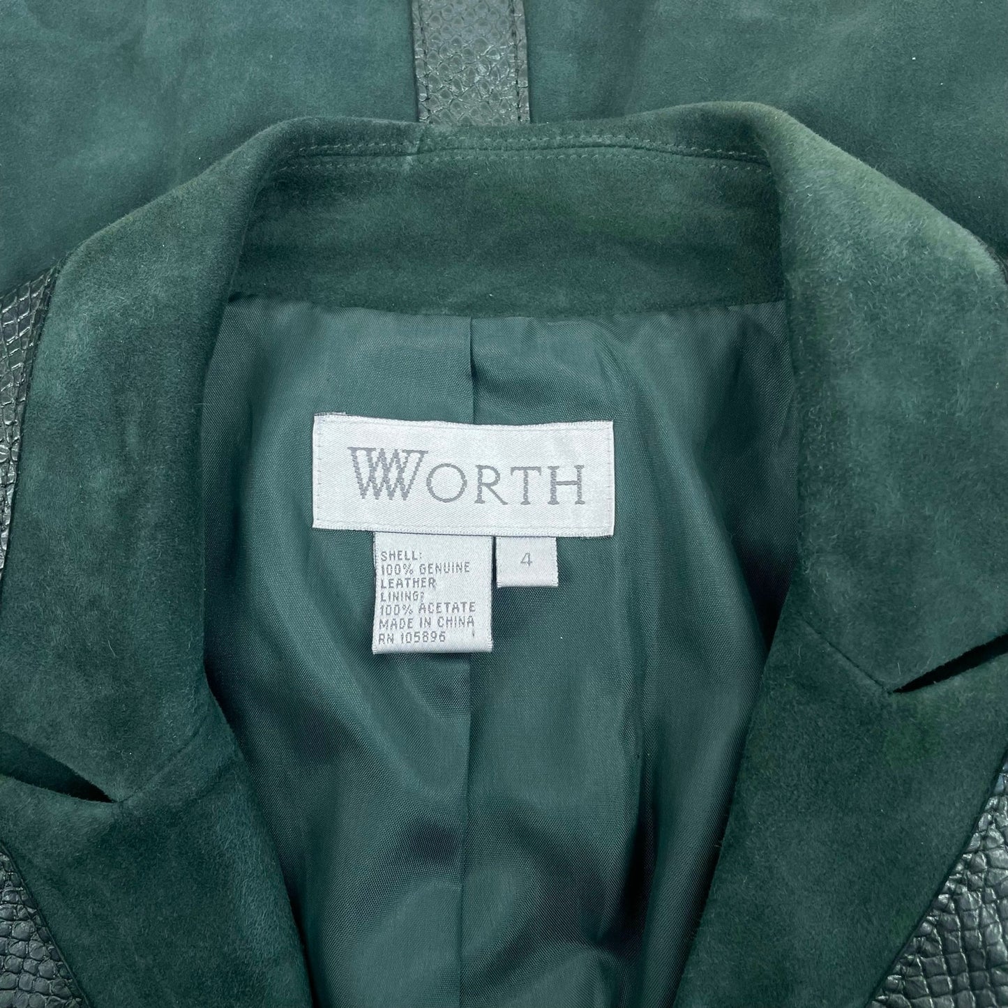 Worth NY Snake Leather Trim Suede Jacket Snap Button Dark Green Size 4