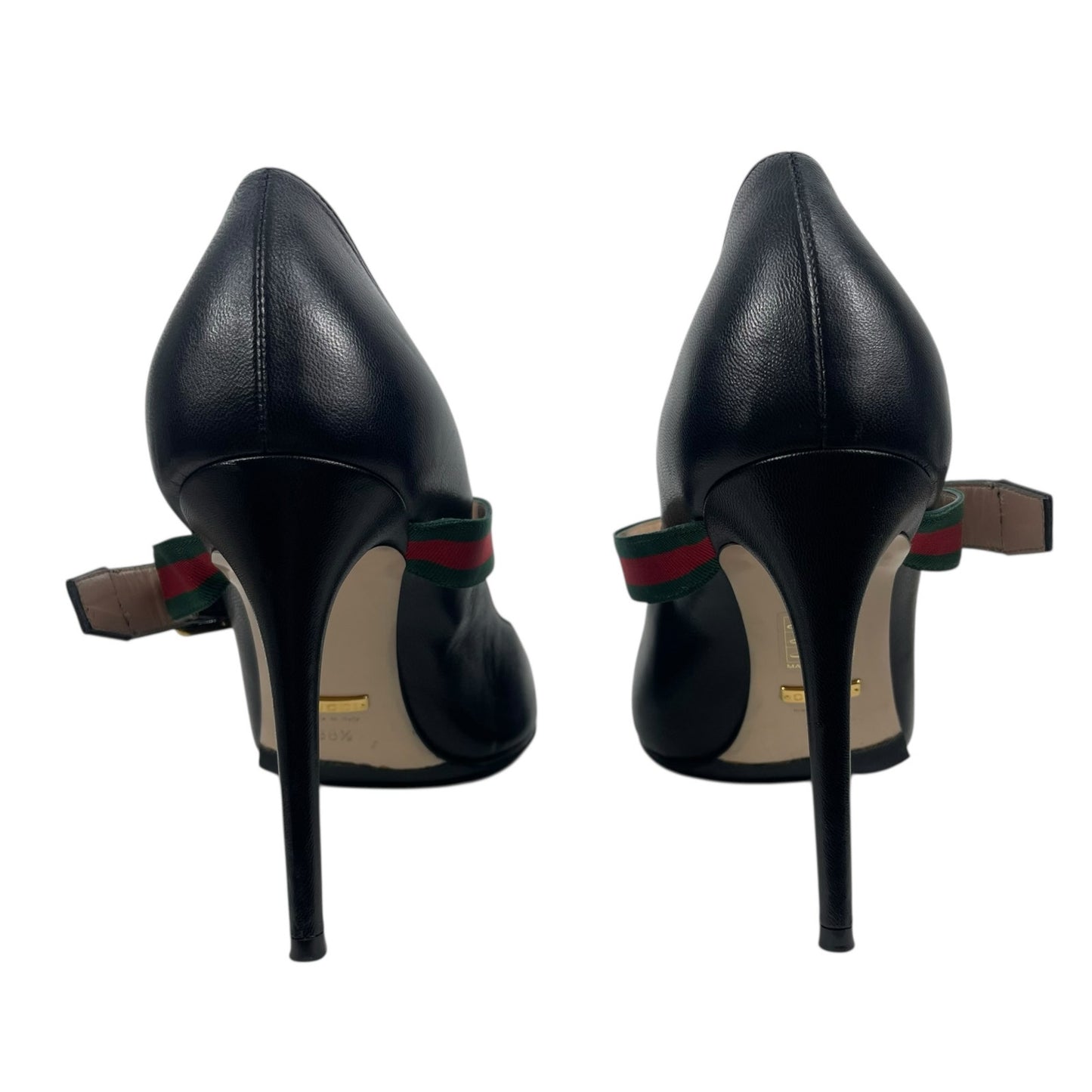 Gucci Malaga Kid Sylvie Mary Jane Web Pumps Black Leather Size 38.5