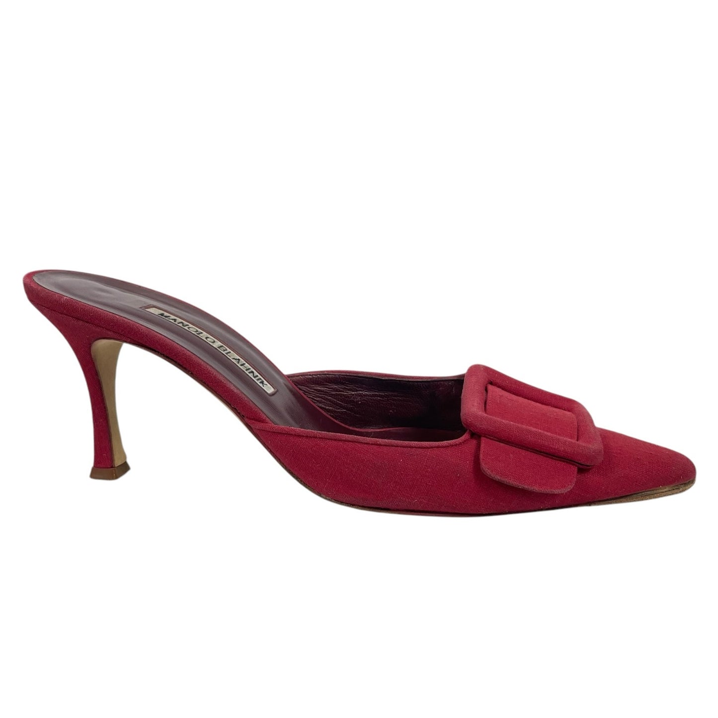 Manolo Blahnik Maysale 70mm Red Buckle Mules Fabric Size 40 Hailey Bieber