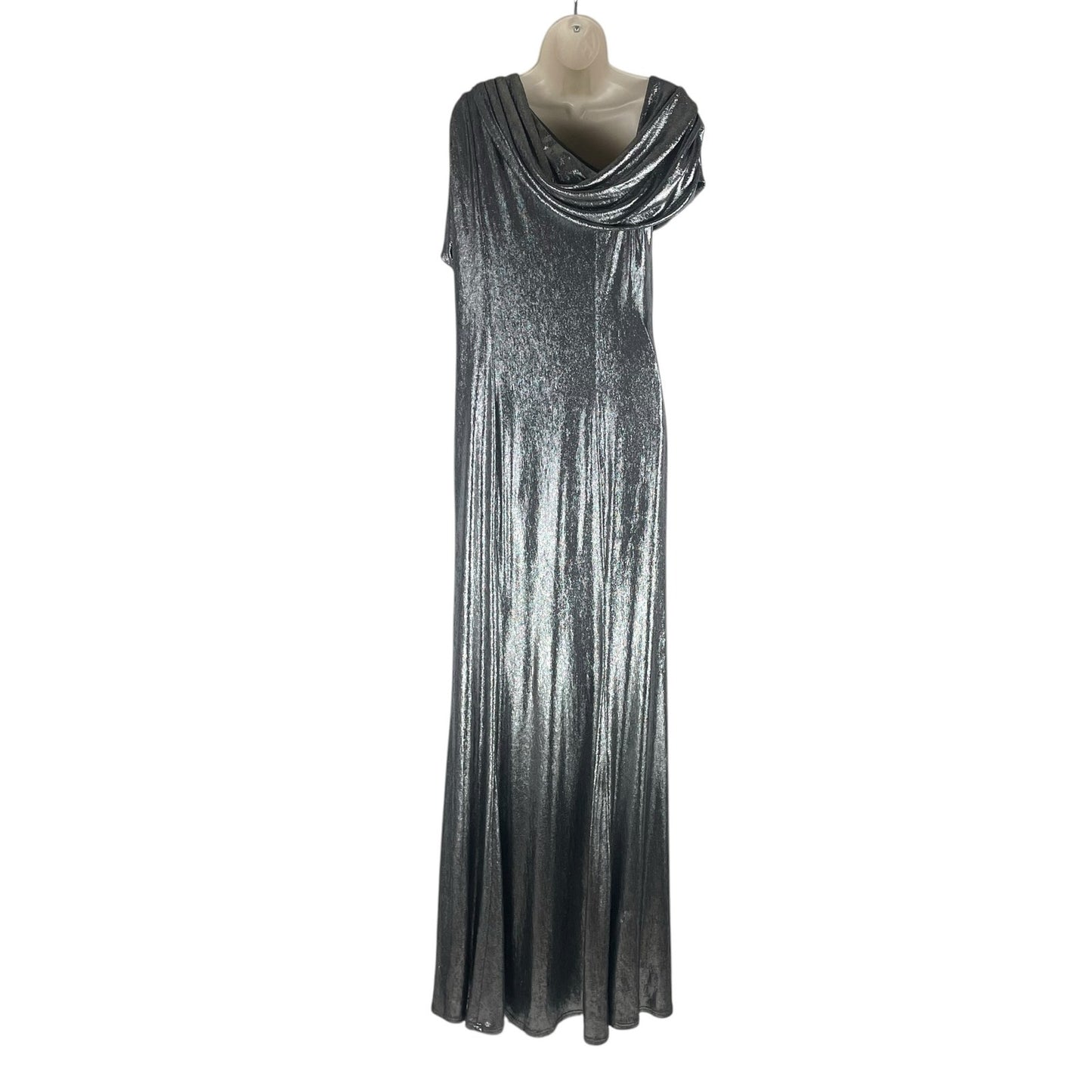 Tadashi Shoji Copley Shoulder Drape Lame Gown Silver Steel Size XL